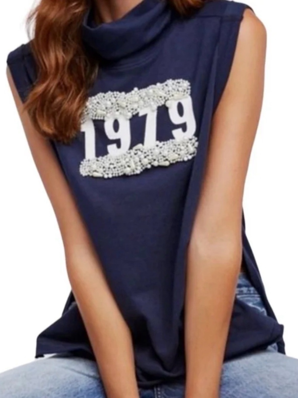 We The Free Navy Beaded '1979' Cowl Neck Tank